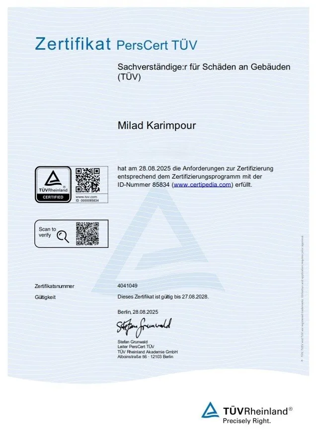 Zertifikat PersCert TÜV: Sachverständiger für Schäden an Gebäuden (TÜV), Milad Karimpour, Zertifikat-Nr. 4041049